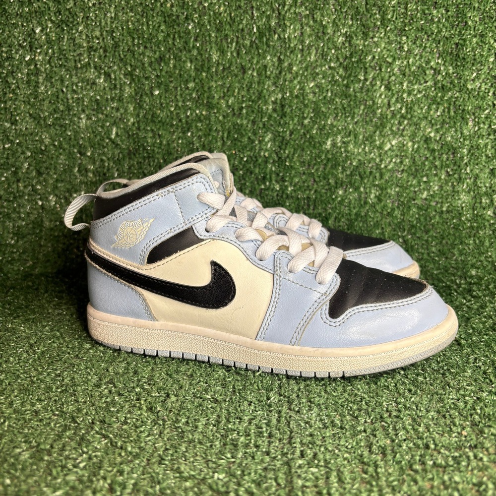 Air Jordan 1 Mid Sail‎ Leather Streetwear Sneakers Ice Blue Black Youth Size 2Y